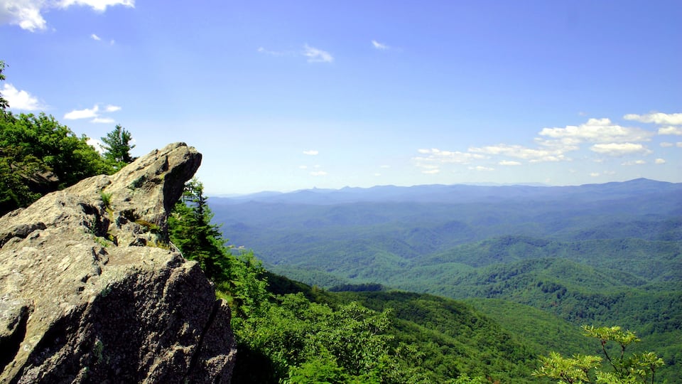 A rocky outcrop overlooking a dense forest and distant mountains under a clear sky.