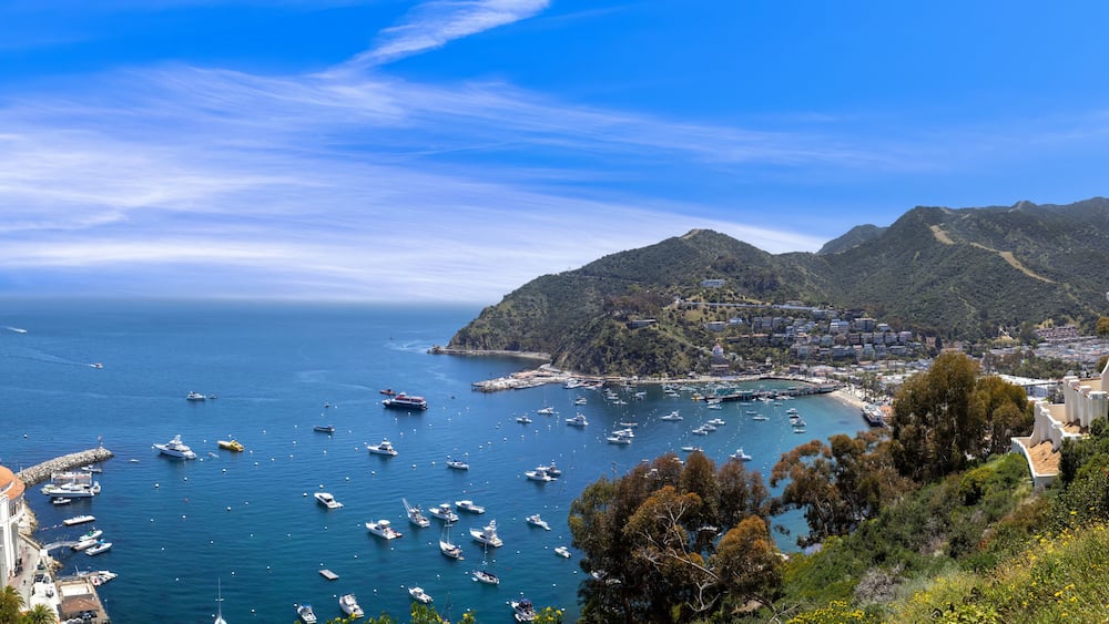 A coastal town with a harbor filled with boats, a lighthouse, and a mountain in the background.