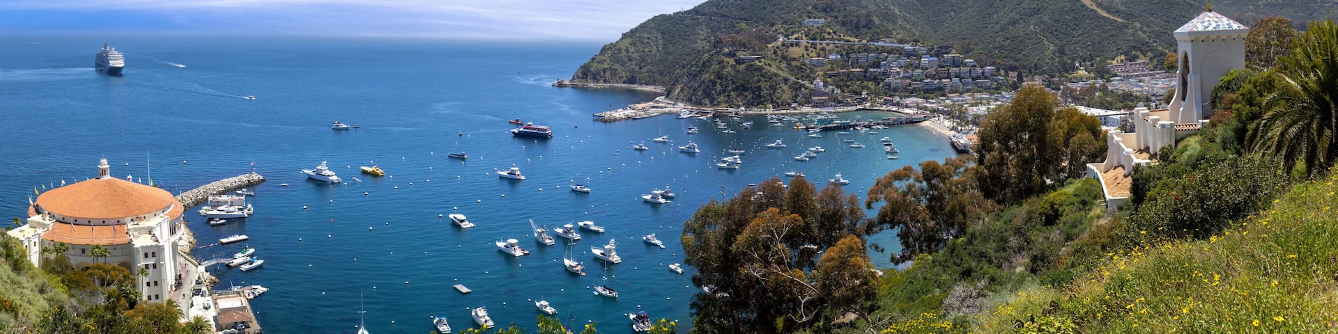 Panoramic view of Catalina Island Bay and Avalon city in California. Famous resorts and travel tourism attraction.