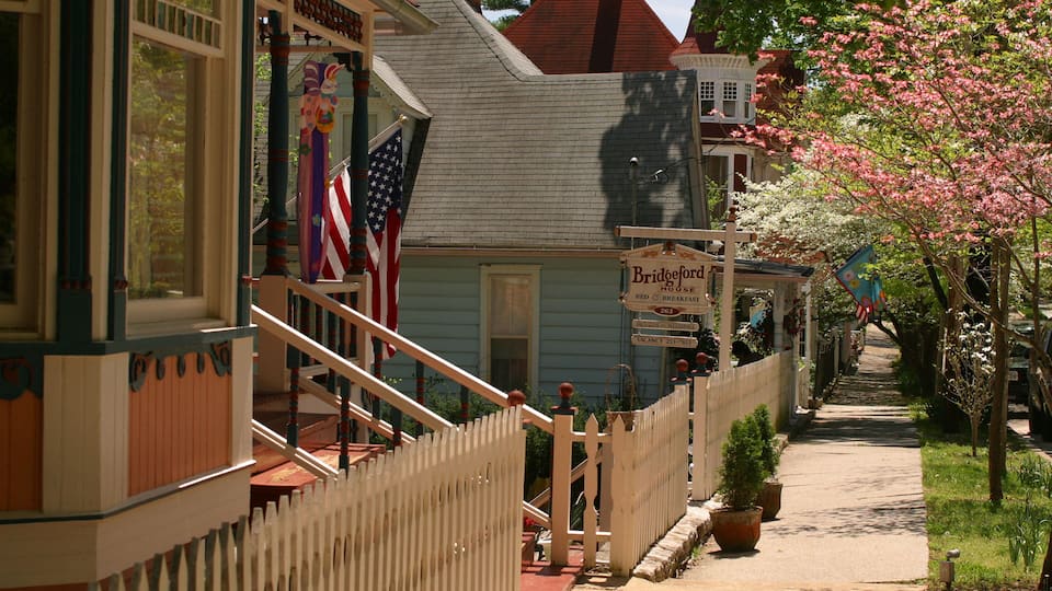 A historic building with a sign reading "Bridgeford House" and an American flag.