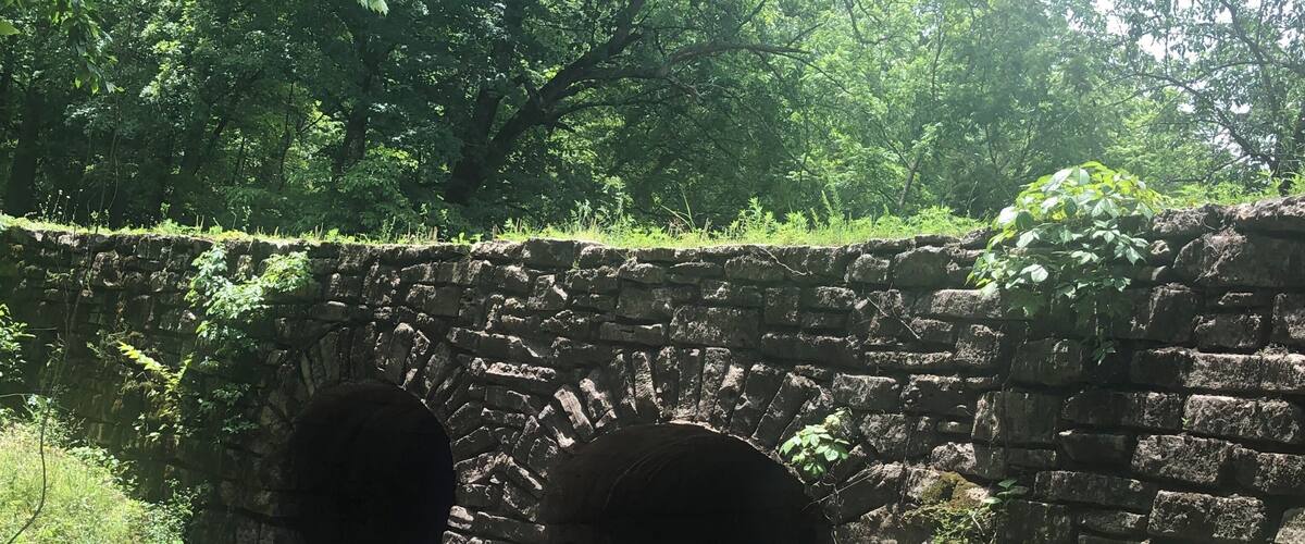A stone bridge with two arches over a rocky path, surrounded by lush greenery.