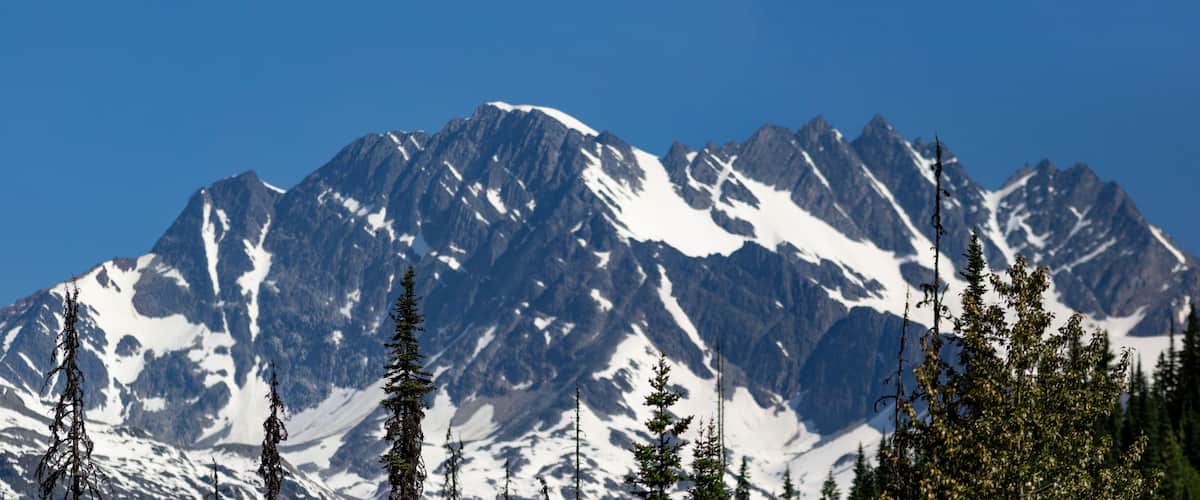 A snow-covered mountain range with prominent peaks and coniferous trees in the foreground.