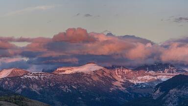 USA, Wyoming. Panoramic of clouds over Table Mountain and Tetons from the west