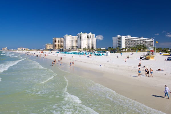 Clearwater Beach showing a coastal town and a sandy beach