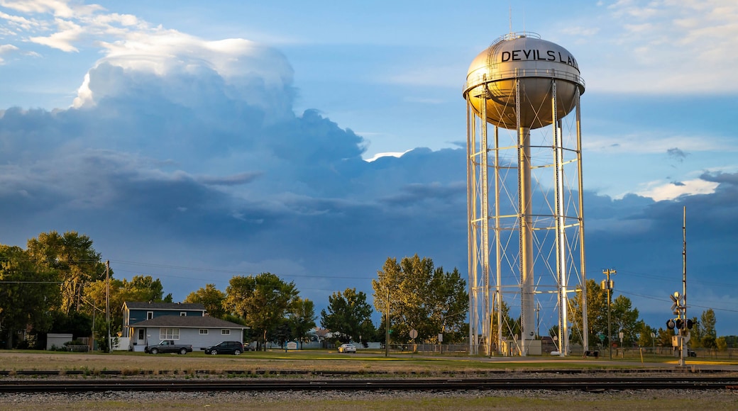 Scenic view of Devils Lake Water Tower at golden sunset light