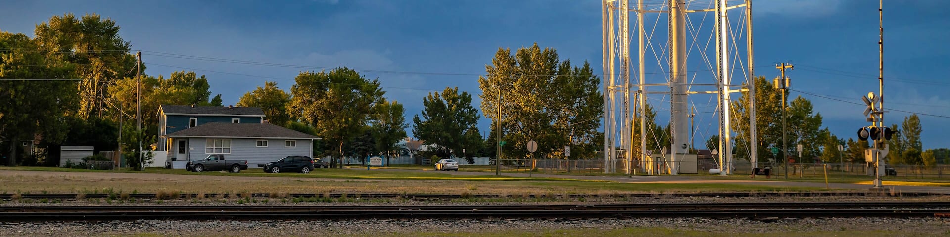 Scenic view of Devils Lake Water Tower at golden sunset light
