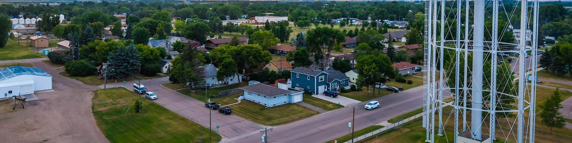 Scenic view of Devils Lake Water Tower at golden sunset light