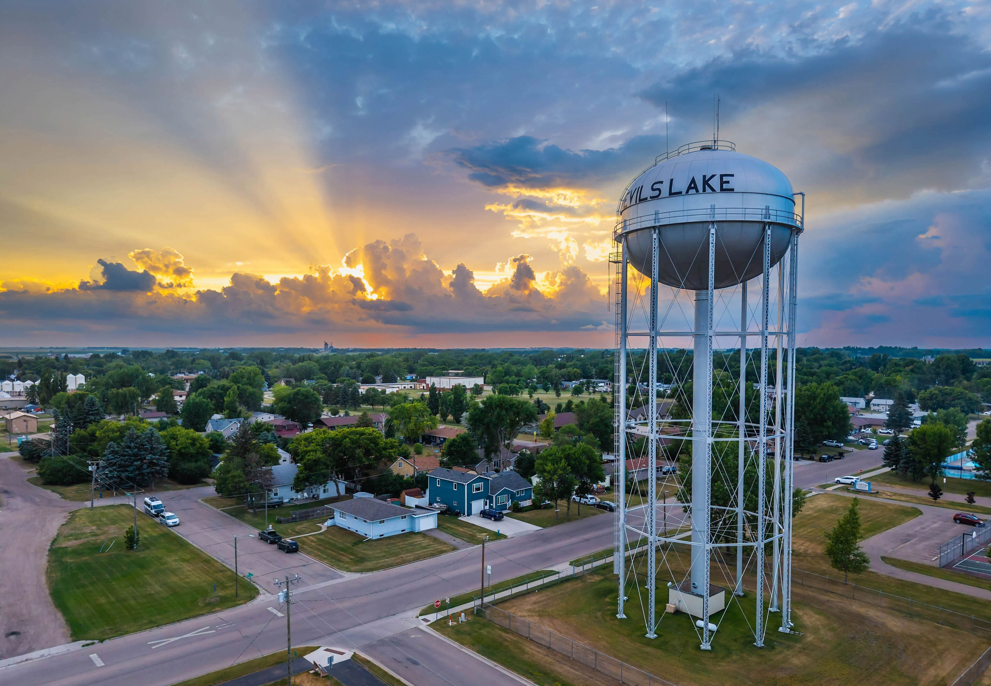 Scenic view of Devils Lake Water Tower at golden sunset light