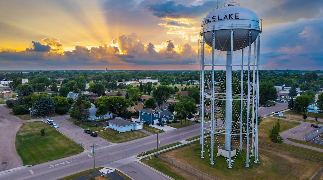 Scenic view of Devils Lake Water Tower at golden sunset light