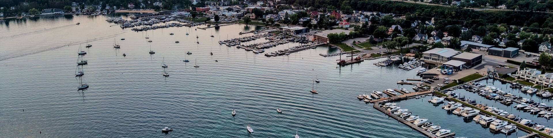 Scenic aerial view of coastal harbor town in Northern Michigan