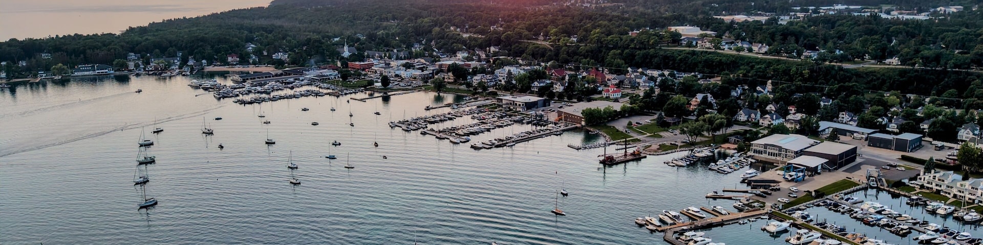 Scenic aerial view of coastal harbor town in Northern Michigan