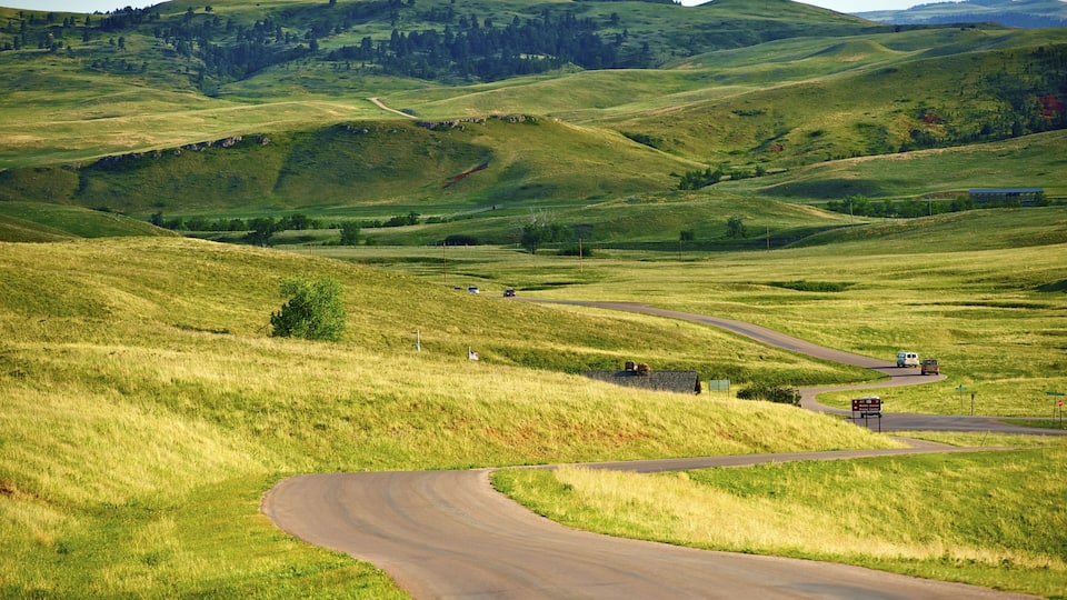 A winding road through rolling green hills with a small building and a signpost.