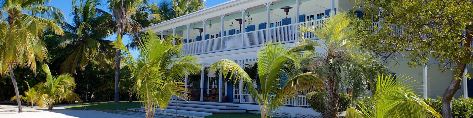 Uma casa branca de dois andares com detalhes em azul, cercada por palmeiras e uma área arenosa.