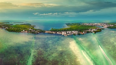 An aerial view of a coastal town with a marina, surrounded by clear blue waters and green islands.
