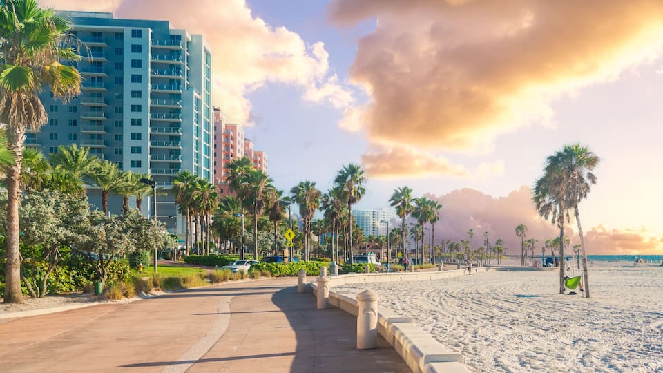 A beach with palm trees, a lifeguard tower, and a row of high-rise buildings.