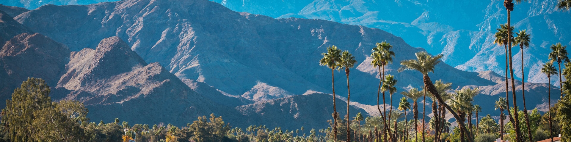 A golf course with palm trees and mountains in the background.