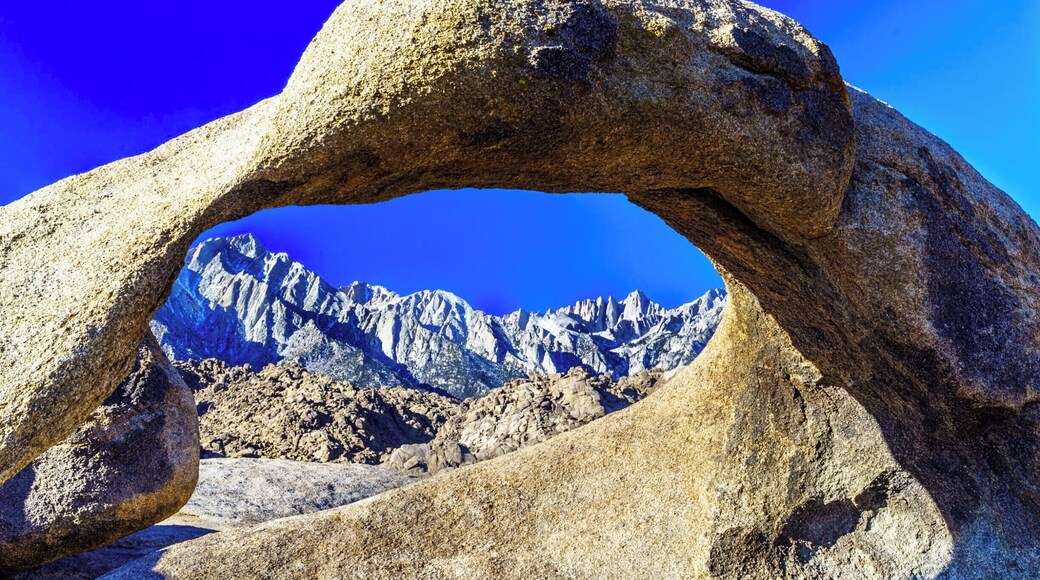 View of Mount Whitney, the highest point in the "lower 48" at 14,501 feet.
Taken from the Alabama Hills in Lone Pine, California.