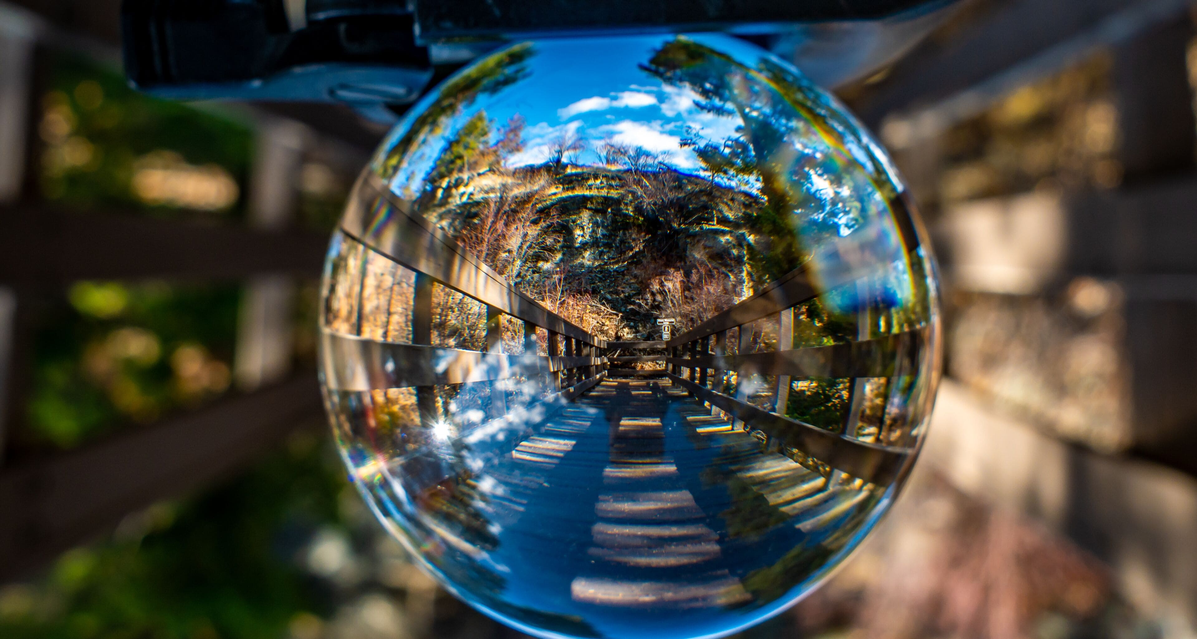 The footbridge at the Lone Pine Visitors Center creates some nice lines when viewed through a Lensball.
