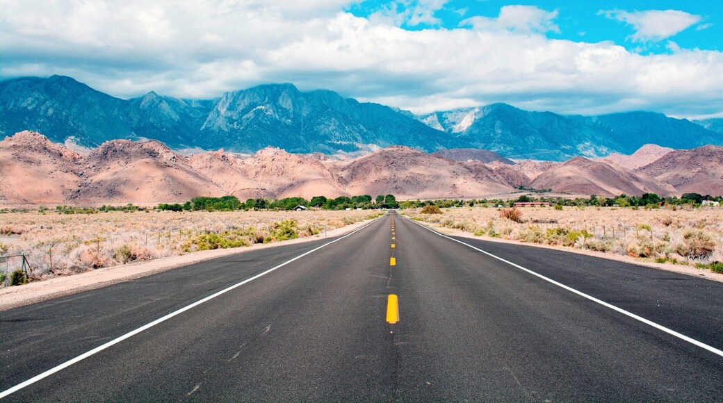 Driving toward the eastern front of the Sierra Nevada in The Owens Valley. Behind those clouds--a rare May snowstorm at the high elevations--is Mount Whitney, until 1959 the tallest peak in the United States. When Alaska became a state in that year, Mt. Whitney fell to number 12. I climbed the 14,505ft/4,421m peak twice as a Boy Scout.