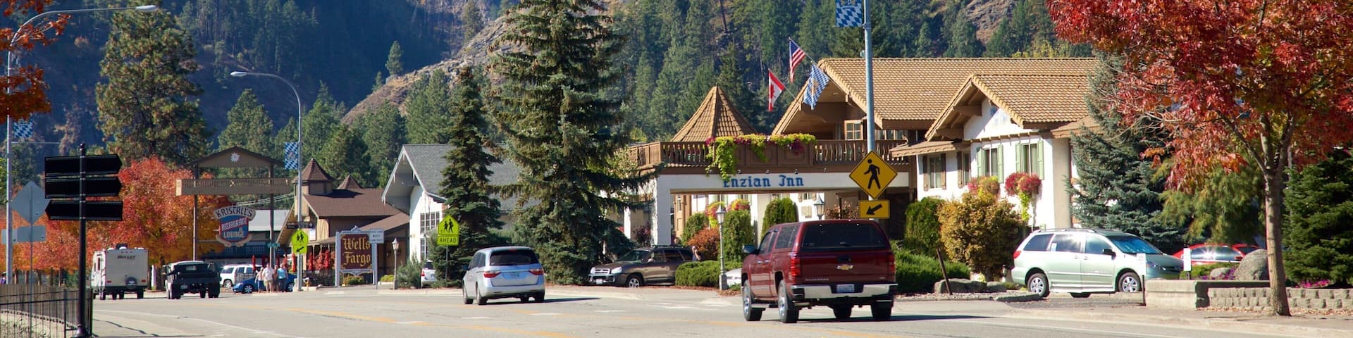 A mountain town with a prominent hotel, a Wells Fargo bank, and a Krispy's restaurant.