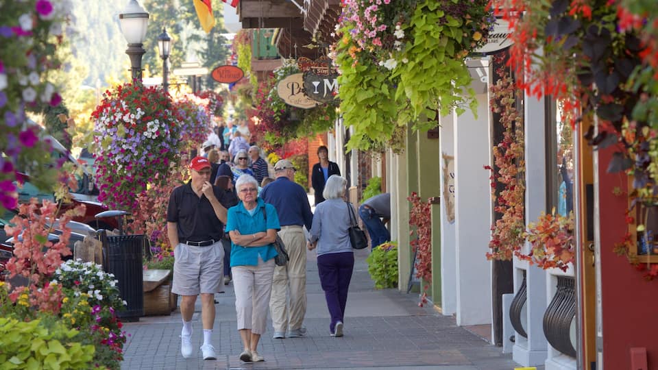 A pedestrian street lined with flower boxes and hanging plants, with people walking and shops on either side.