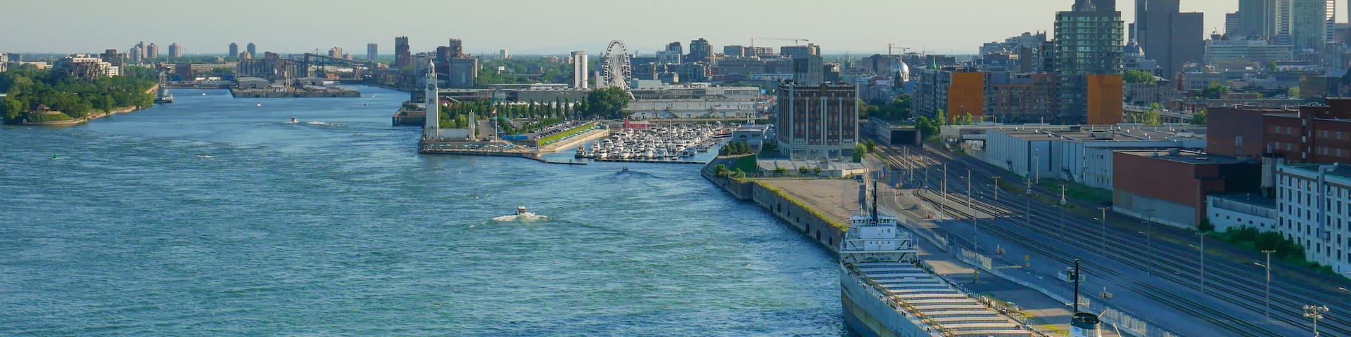 View of old port area with large ship, middel of the summer, Montreal, Canada