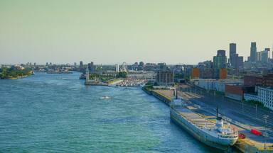 View of old port area with large ship, middel of the summer, Montreal, Canada