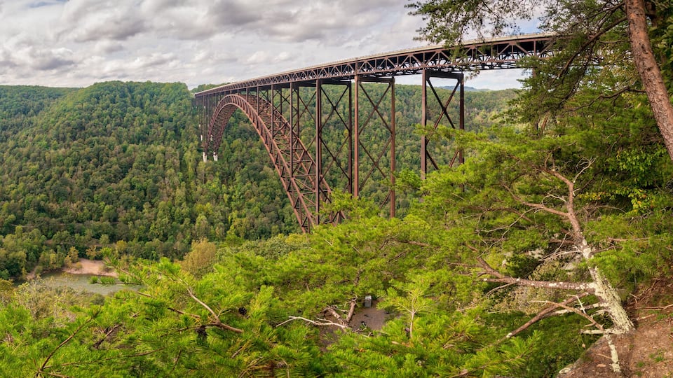 A steel bridge spanning a river, surrounded by dense forest and hills.