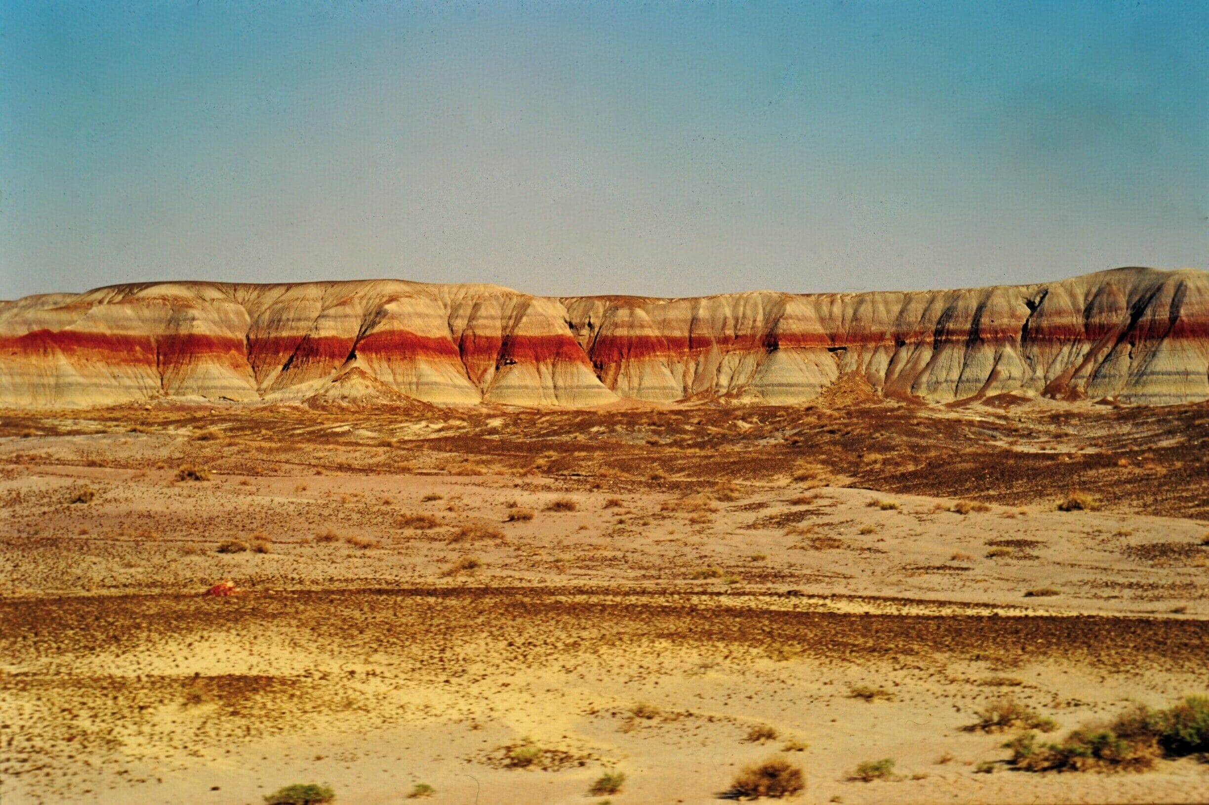 The Painted desert is composed of stratified layers of easily erodible siltstone, mudstone, and shale of the Triassic Chinle Formation. These fine grained rock layers contain abundant iron and manganese compounds which provide the pigments for the various colors of the region. Thin resistant lacustrine limestone layers and volcanic flows cap the mesas. Numerous layers of silicic volcanic ash occur in the Chinle and provide the silica for the petrified logs of the area. The erosion of these layers has resulted in the formation of the badlands topography of the region.
Wind, water and soil erosion continue to change the face of the landscape by shifting sediment and exposing layers of the Chinle Formation. 

It's a very wonderful place, you can admire a many different colors, you feel like if you were in a real painting.

