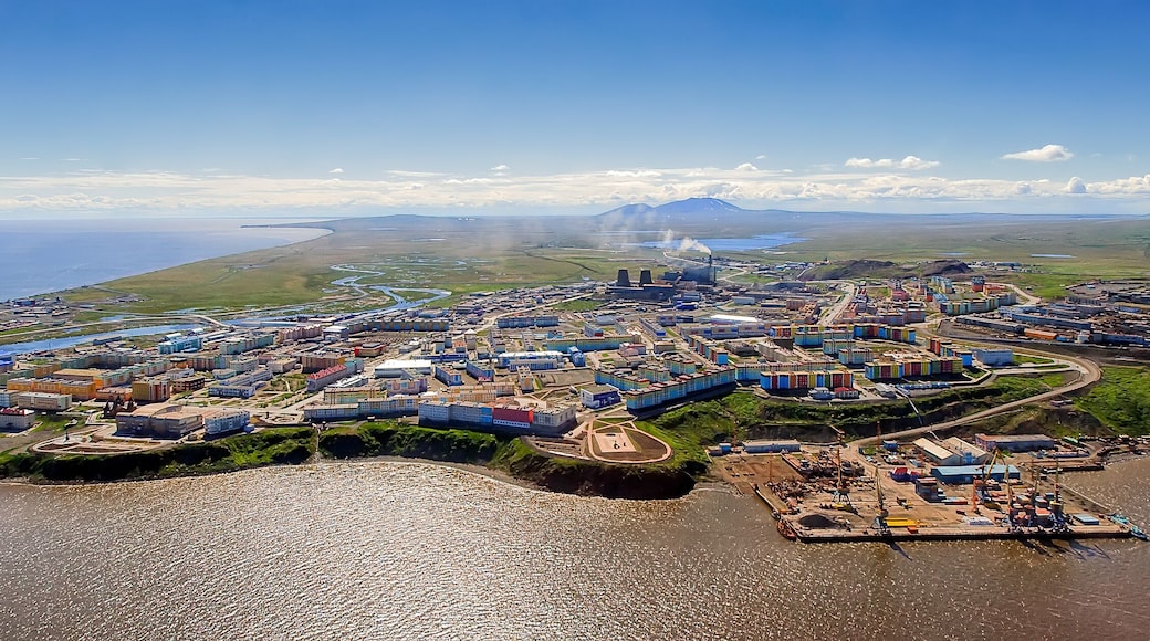 Panorama of the city of Anadyr. Aerial view of the Arctic port town. Anadyr is the easternmost city of Russia and the administrative center of the Chukotka Autonomous Okrug. Siberia, Russian Far East.