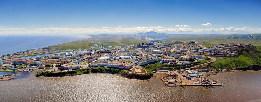 Panorama of the city of Anadyr. Aerial view of the Arctic port town. Anadyr is the easternmost city of Russia and the administrative center of the Chukotka Autonomous Okrug. Siberia, Russian Far East.