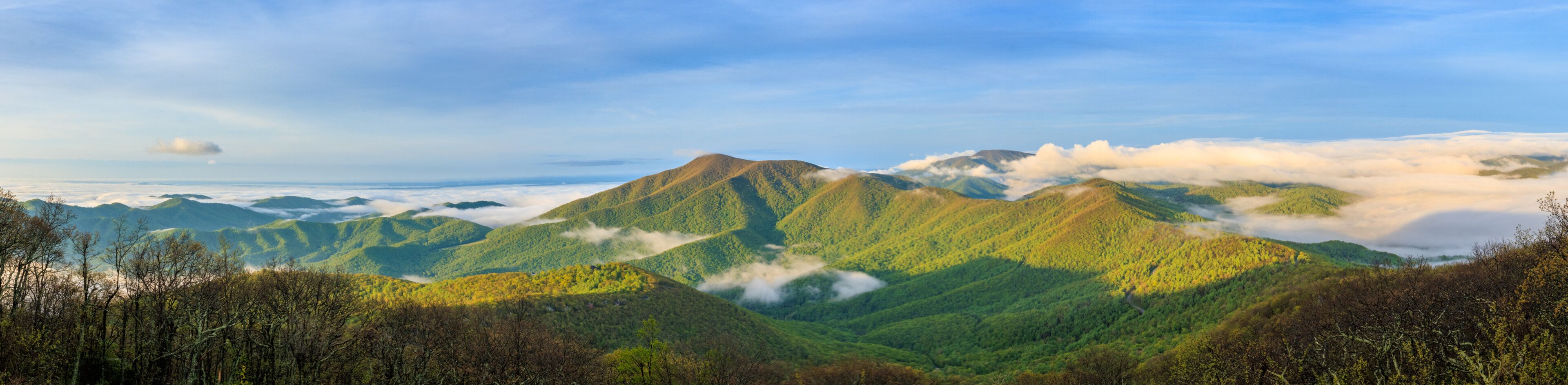 Panorama View of spring Blue Ridge Mountains and valley with low-lying clouds