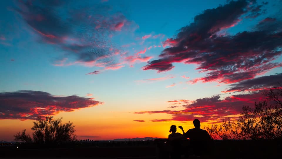 A sunset with silhouettes of two people, a tree, and a distant city skyline.