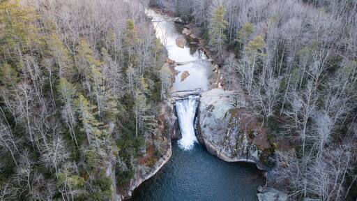 A river flowing through a forested valley with a waterfall.