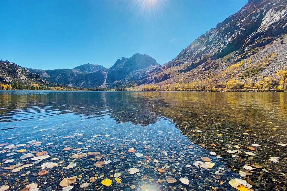 Un lago cristalino con guijarros y hojas otoñales, rodeado de montañas.