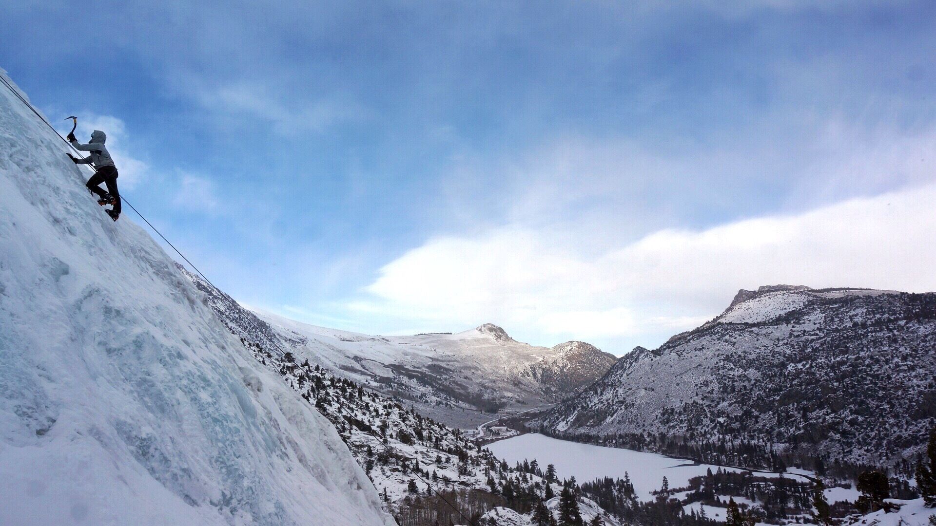 Ice climbing at Horsetail Falls near June Lak. 