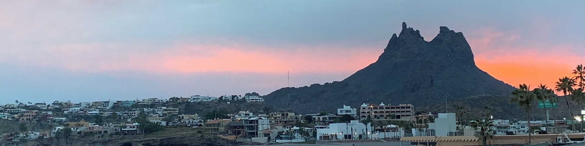 A beach with a mountain in the background, palm trees, and beachside buildings.