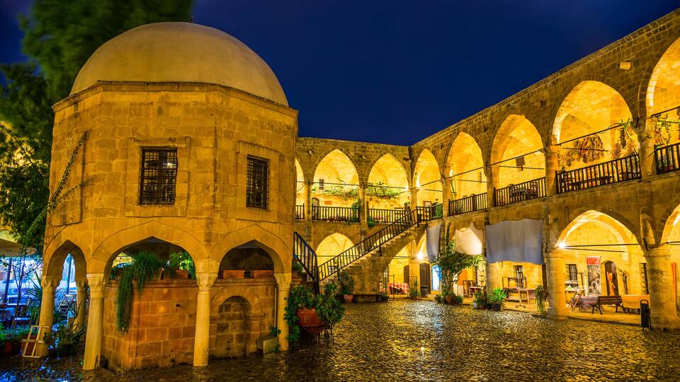 Buyuk Han at night. Largest caravansarai in Cyprus, Nicosia