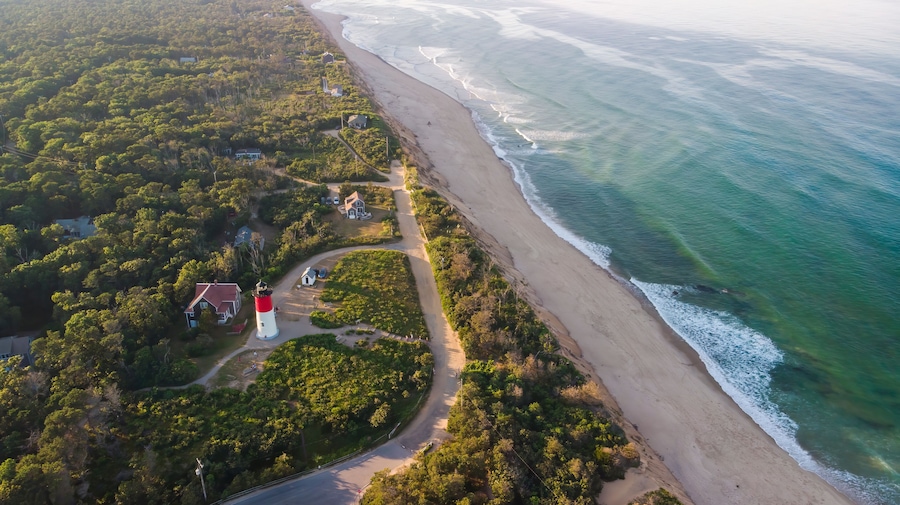 Nauset Beach with Nauset Light, aerial view
