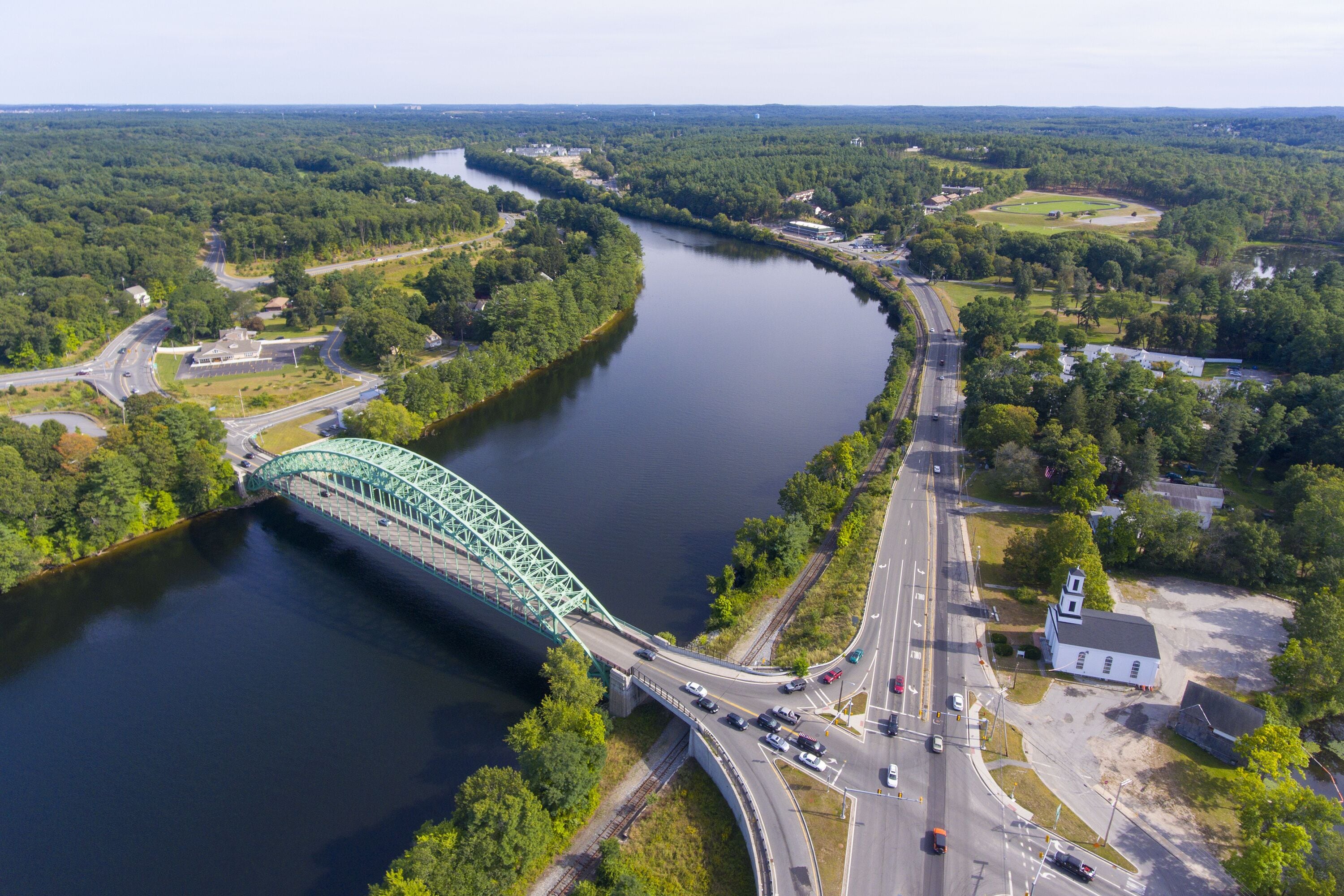 Aerial view of Merrimack River and Tyngsboro Bridge in downtown Tyngsborough, Massachusetts, USA.