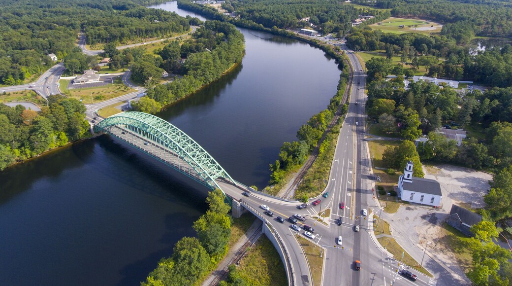 Aerial view of Merrimack River and Tyngsboro Bridge in downtown Tyngsborough, Massachusetts, USA.