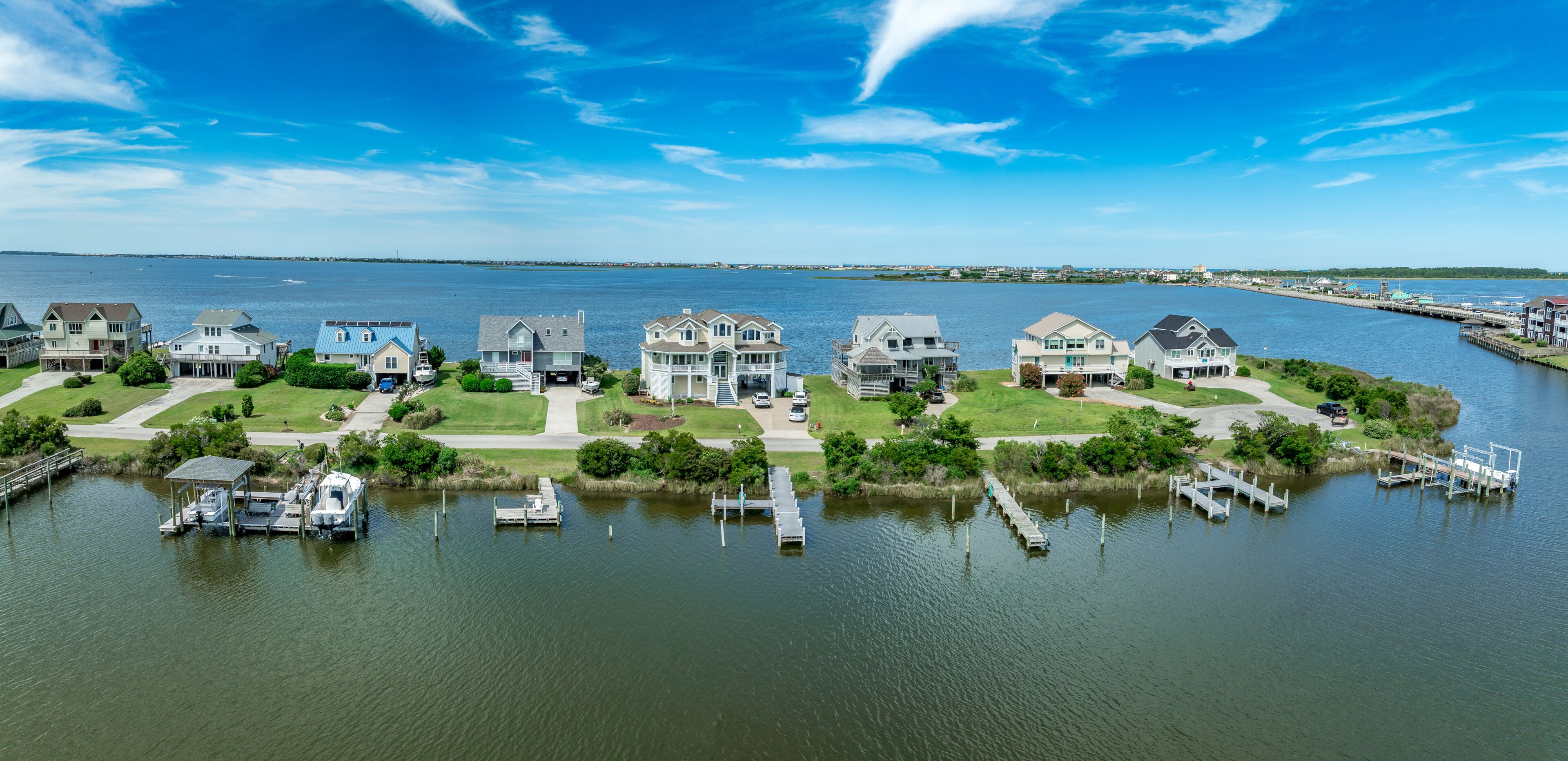 Luxury holiday villa real estate property with boat  docks at Pond Island OBX North Carolina