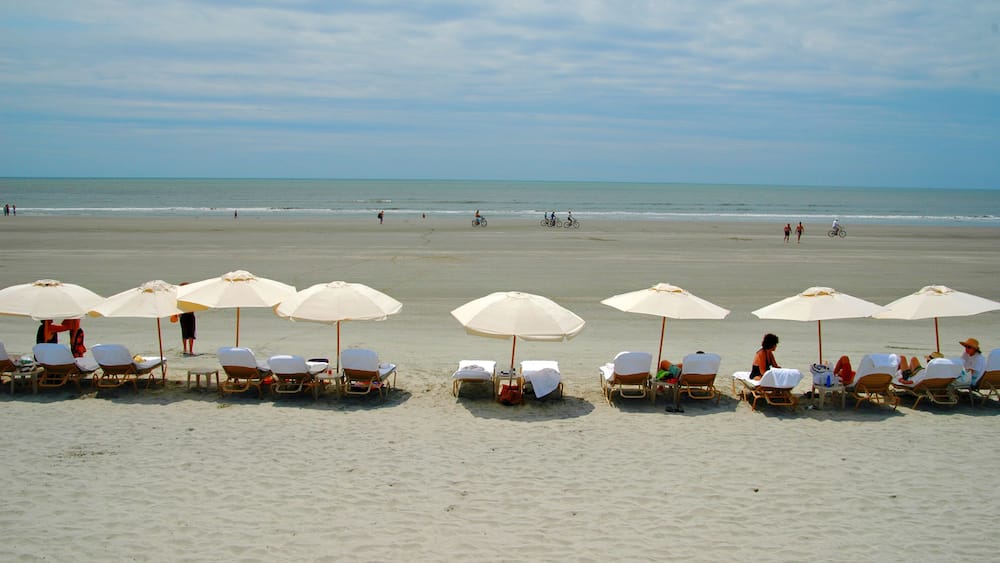 Ein Strand mit Liegestühlen und Sonnenschirmen, ruhigem Meer und blauem Himmel.