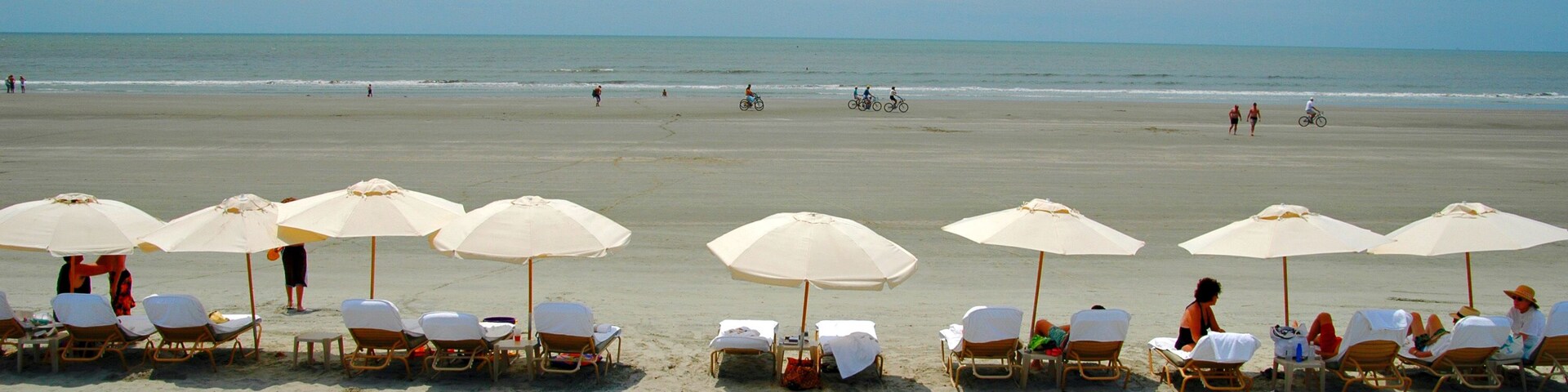 Una playa con filas de sillas de playa y sombrillas, un mar tranquilo y un cielo despejado.