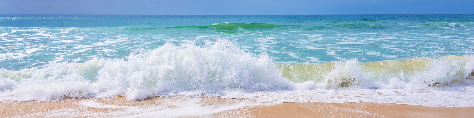 Atlantic ocean, front scenic view of waves on the beach, 2026 travel and summer vacations panoramic background, web banner