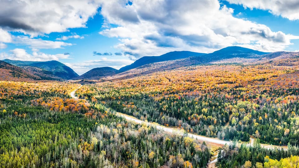 A mountainous landscape with autumn foliage, a winding road, and a valley.