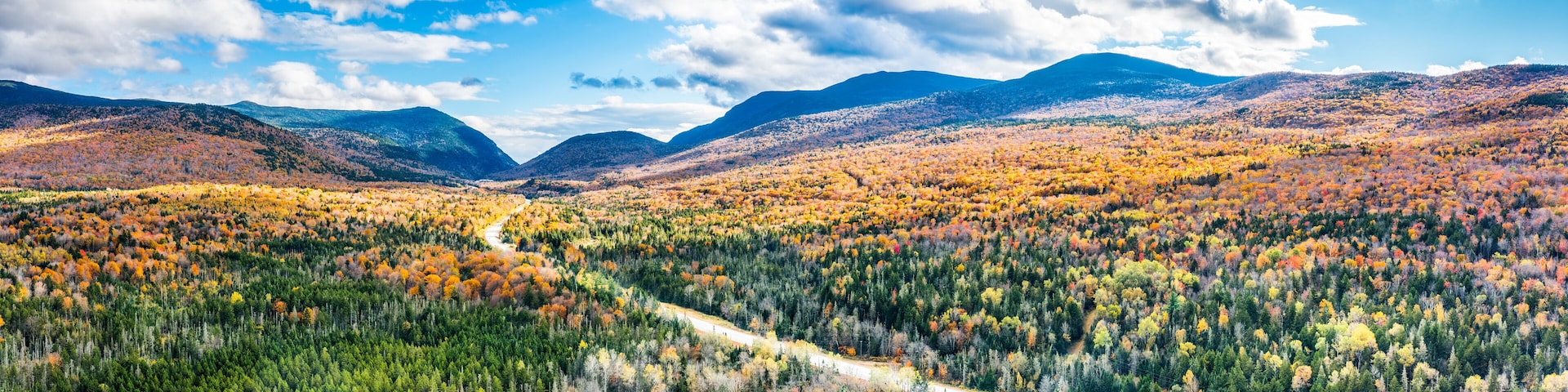 A mountainous landscape with autumn foliage, a winding road, and a valley.