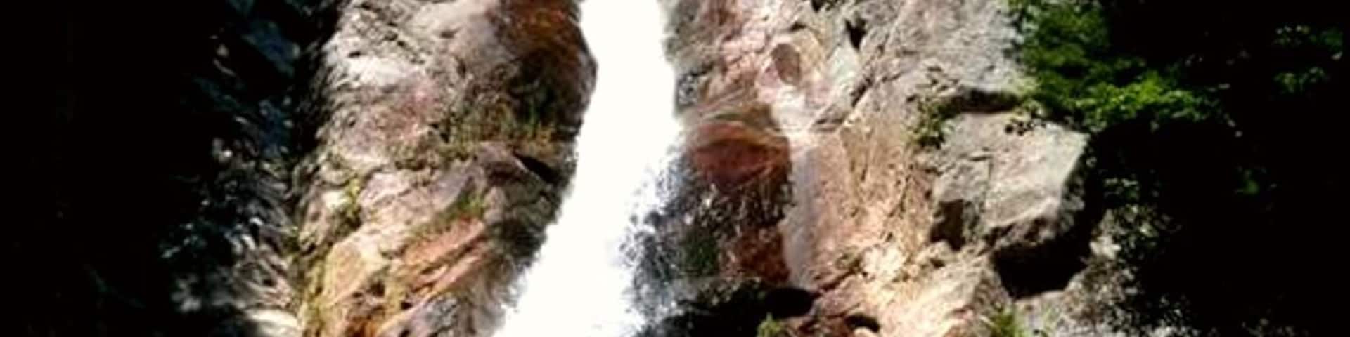 Una cascada se precipita por un acantilado rocoso, rodeado de vegetación.