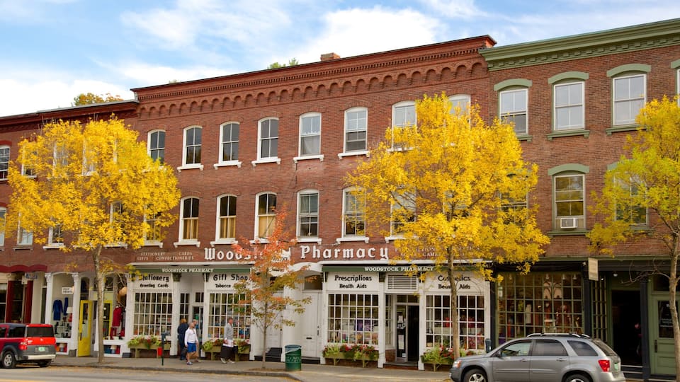 A historic brick building with a sign reading "Woodstock Pharmacy" and various storefronts below.