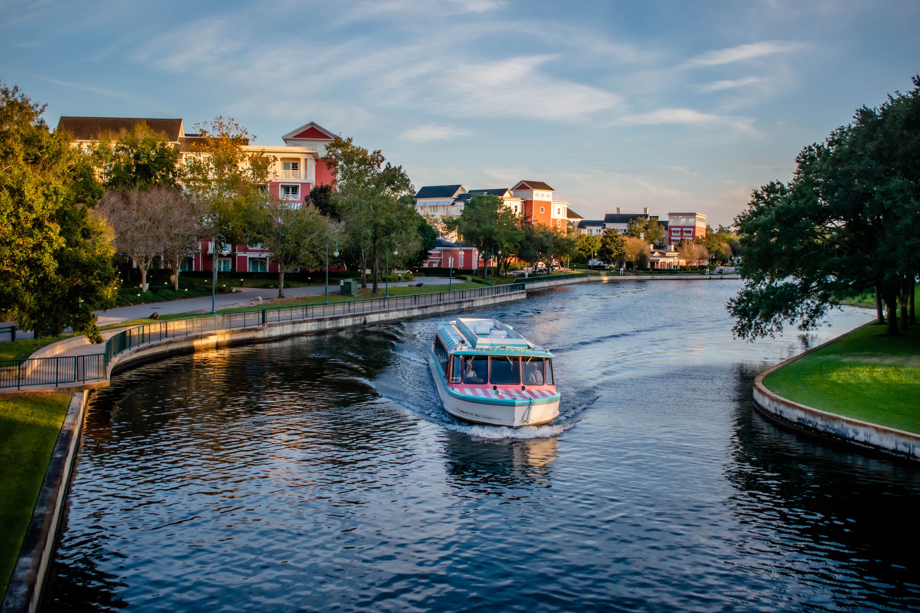 Panoramic view of Boardwalk Hotel and taxi boat at Lake Buena Vista area